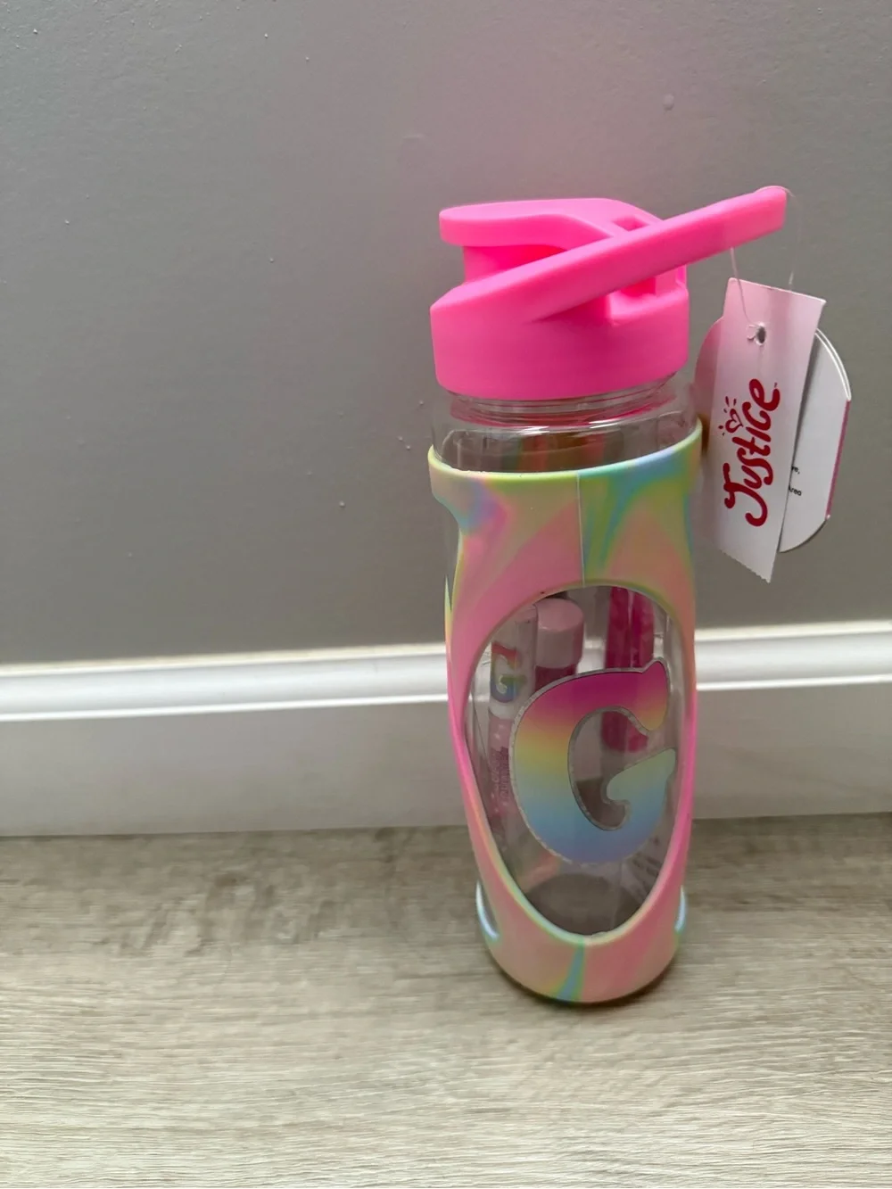 Justice Pink Lid Iridescent Sleeve Water Bottle with G Detail